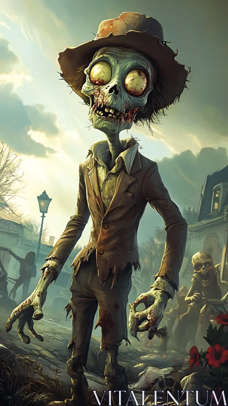 Stylized undead scarecrow in tattered suit under eerie sky.