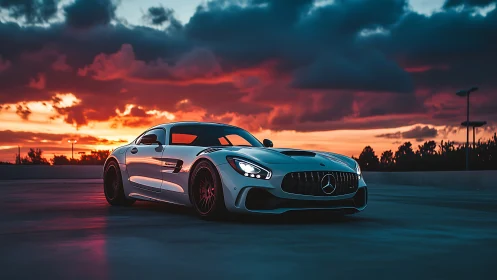 White Mercedes sports car on rooftop at vivid sunset.