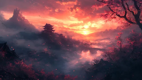 Sunset over traditional pagoda valley with mist and water.