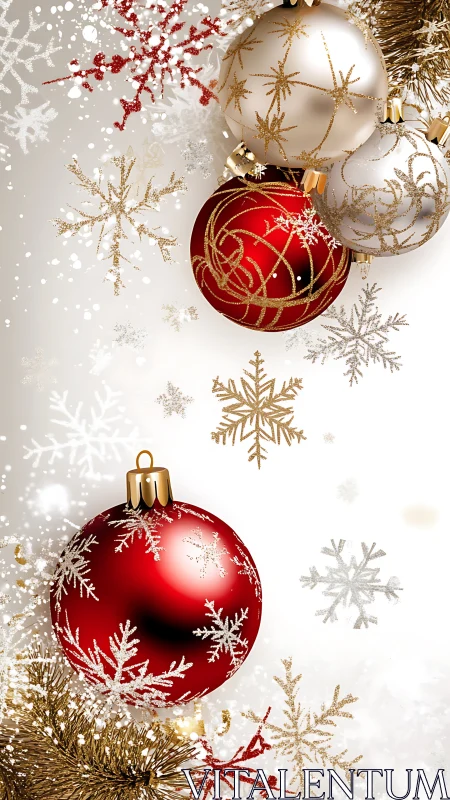 Photorealistic red and white Christmas baubles with gilt detailing.
