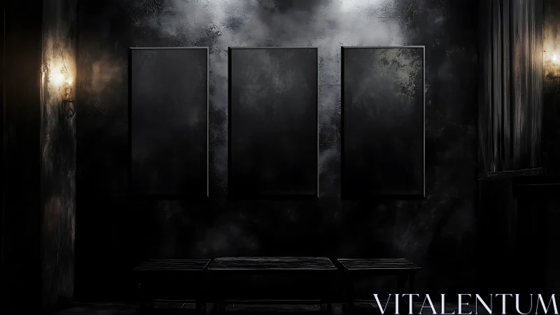 Moody dark gallery wall showcases three empty vertical canvases