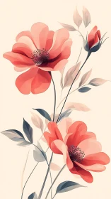 Coral Poppies with Buds: Layered Botanical Illustration.