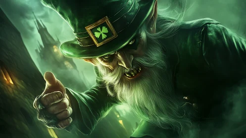 Sinister green leprechaun lunging forward in foggy street.