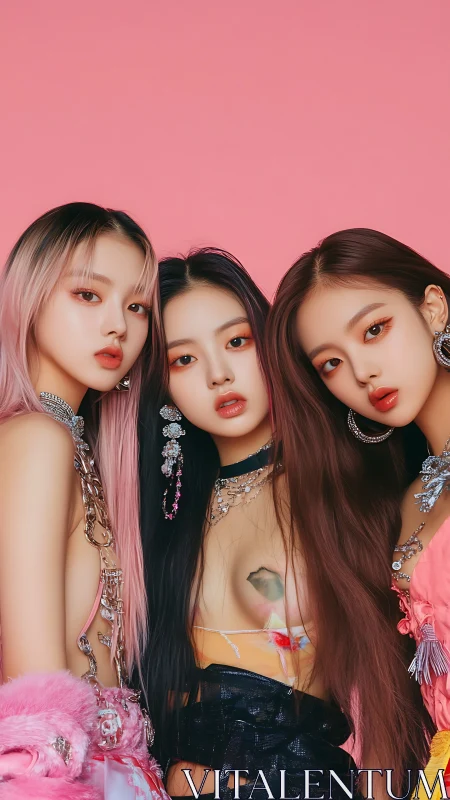 Three stylized women pose closely against solid pink background