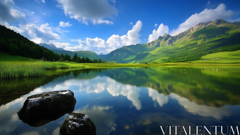 Mountain lake with calm reflections under bright blue sky.