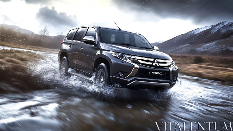 Off-road SUV charges through stormy mountain river landscape