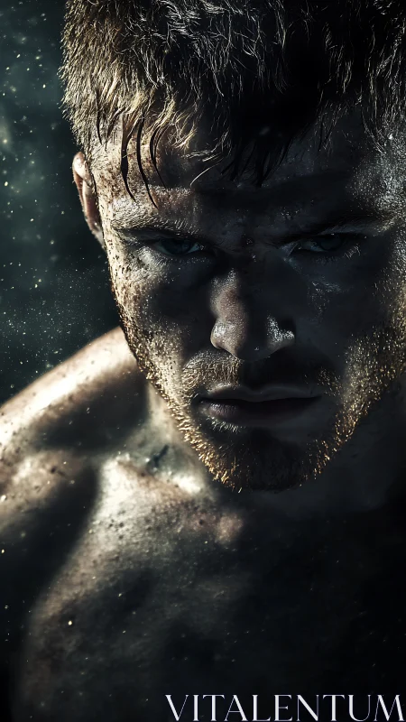 Grit-forged fighter glows through shadow, sweat and fury.