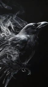 Smoke-winged raven rising from midnight void in silver hush.