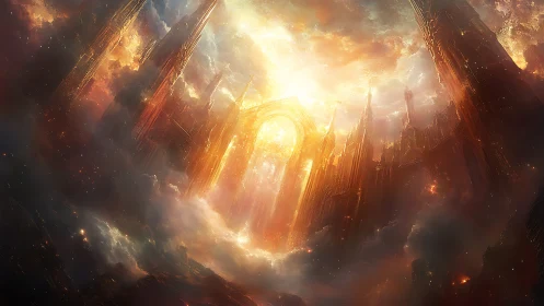 Radiant celestial citadel rises through stormlit cosmic clouds