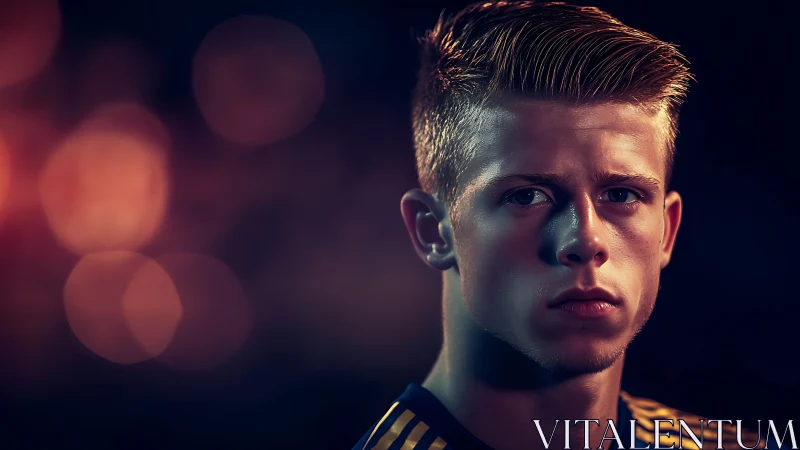 Focused young athlete stares ahead under dramatic arena lights