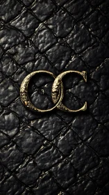 Gold monogram emblem mounted on padded black quilted leather