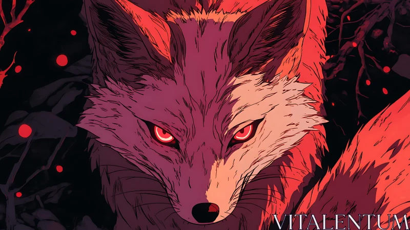 Crimson fox spirit with glowing eyes stalks shadow forest.