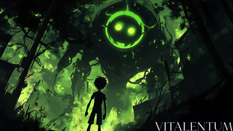 Silhouetted child confronts glowing green forest colossus.