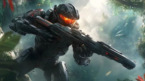 Armored sci fi soldier aiming rifle in dense jungle.