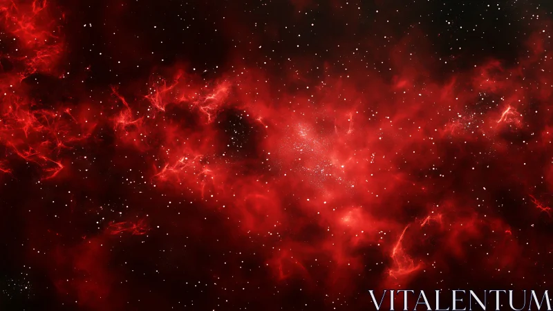 Glowing red nebula cradling distant newborn stars in space.