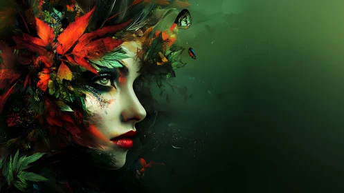 Surreal forest woman portrait with leaves and butterflies