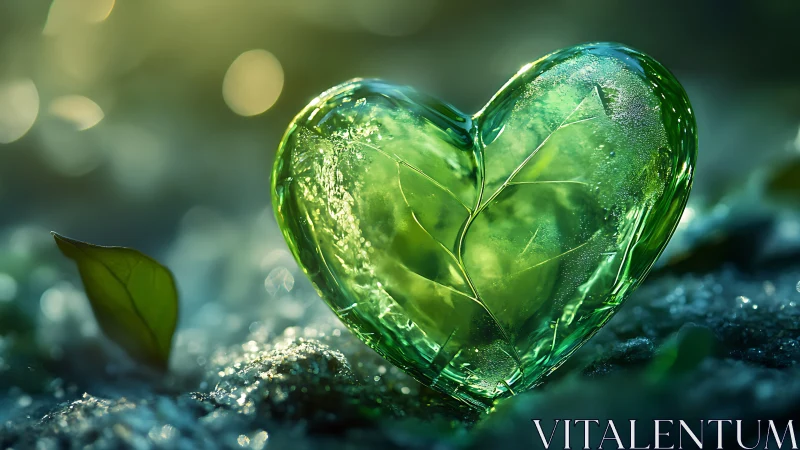 Green glass heart with leaf veins in nature, macro fantasy style.