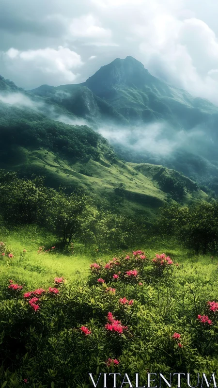 Orographic mist over alpine meadow with saturated flora study.