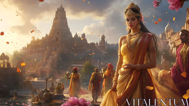 Golden dusk crowns the temple city as a regal bride walks