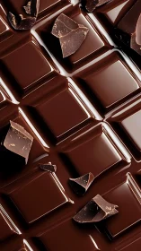 Glossy dark chocolate bar with broken chunks on surface.
