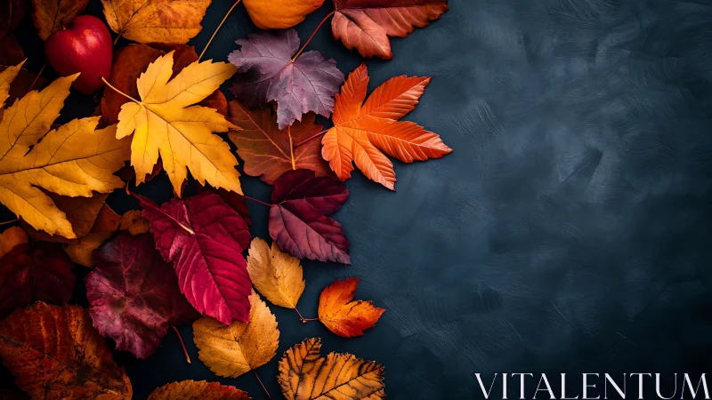 Colorful autumn leaves on dark textured background.