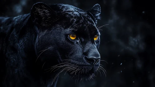 Black Panther with Glowing Amber Eyes Emerges from Darkness.
