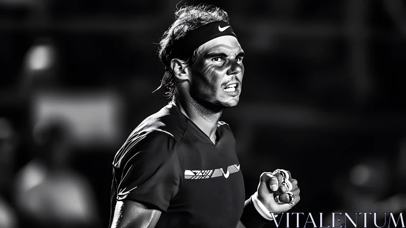 Tennis player’s determined fist pump under stadium lights.