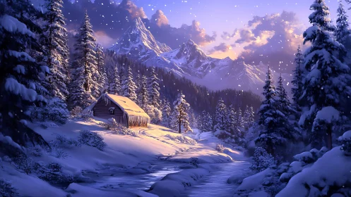Snowy mountain cabin beside a winter forest stream.