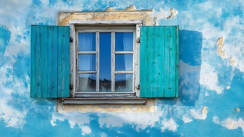 Weathered blue window with turquoise shutters on aged wall.