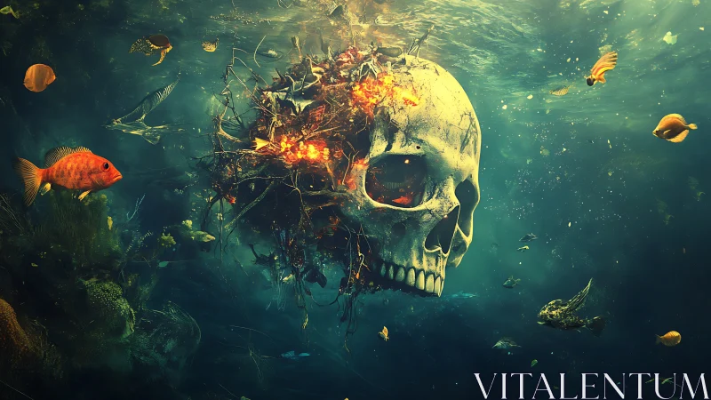 Skull floats underwater as fiery coral and fish surround it