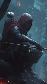 Hooded shadow archer poised above dystopian city ruins.