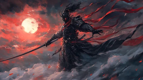 Dark samurai warrior strides through bloodred storm clouds.