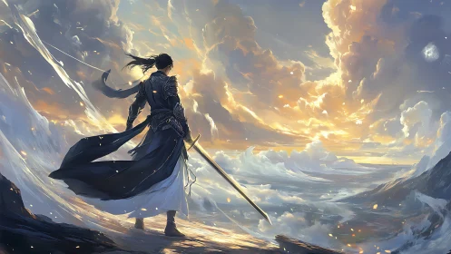 Sword-bearing figure stands on cliff above luminous clouds
