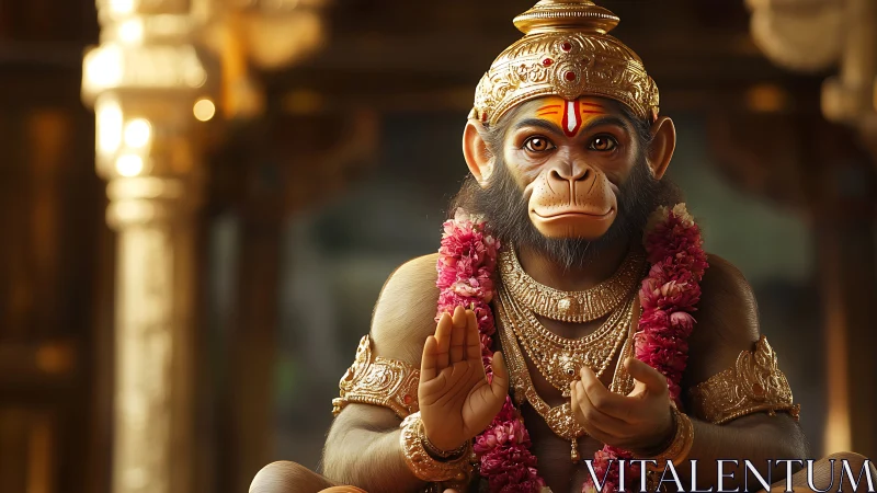 Monkey-headed deity statue wearing gold ornaments and garlands