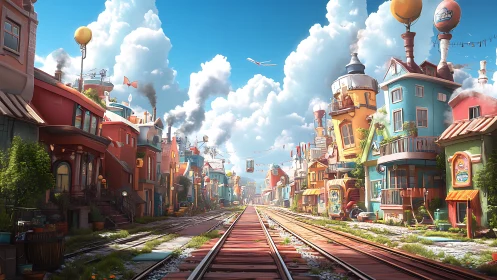 Colorful fantasy town street with central train tracks.