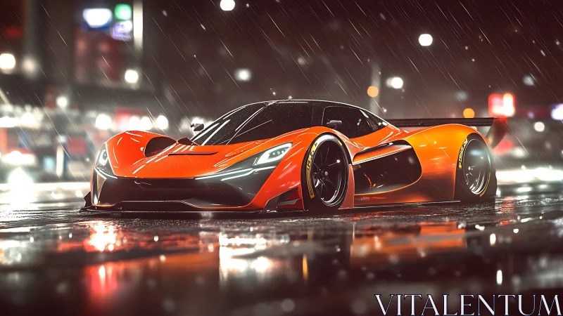 Orange hypercar slices through neon city rain at night