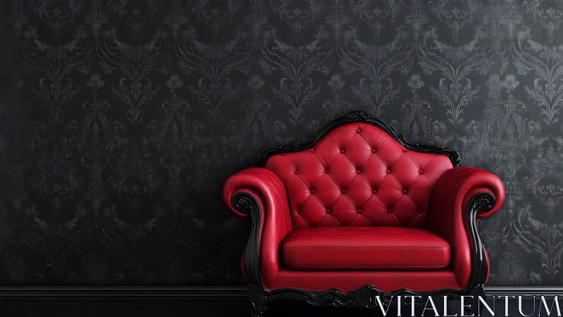 Red baroque armchair contrasts with dark damask wall