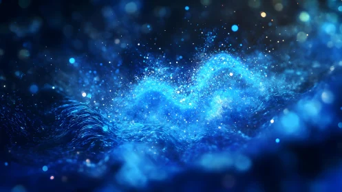 Abstract blue wave of glowing particles in digital fantasy style.