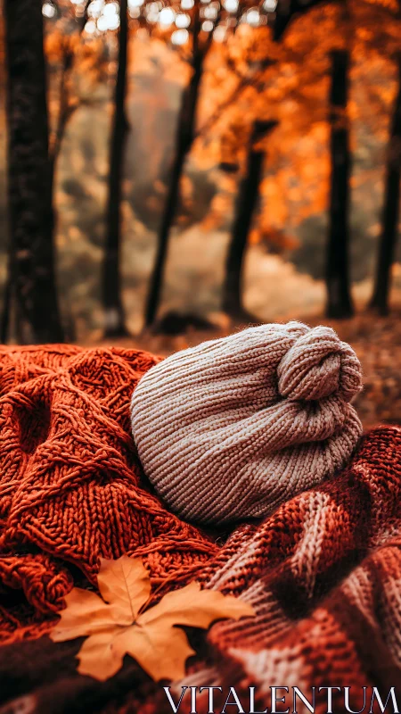 Cozy knit hat napping on ember blankets in autumn woods.