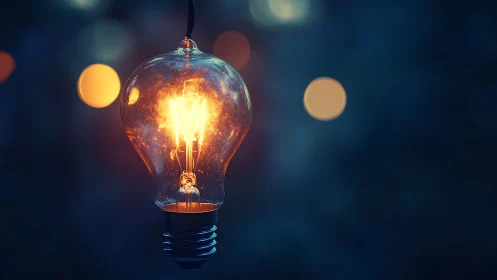 Vintage filament bulb glows against deep blue bokeh night