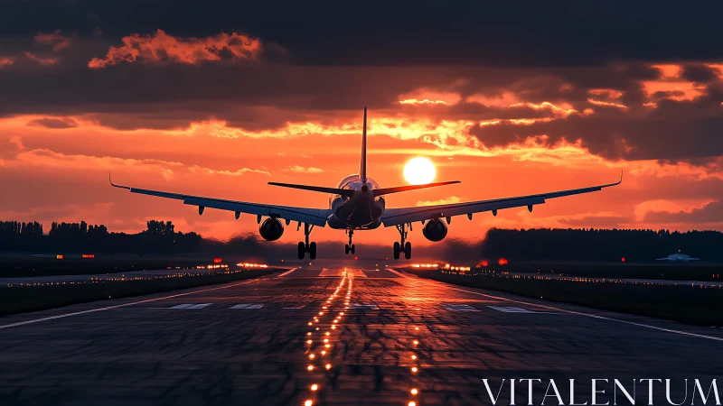 Passenger jet landing on lit runway at vivid sunset sky.