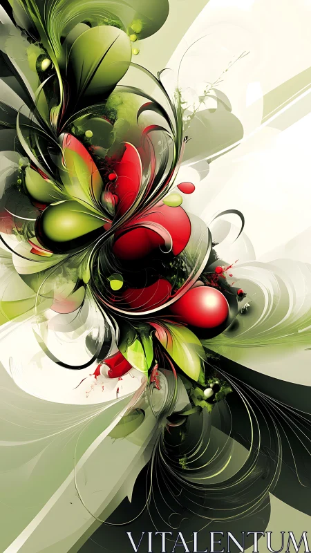 Abstract floral vortex twists around vivid red and green orbs