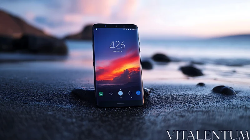 Smartphone Displaying Sunset Wallpaper on Beach Sand.