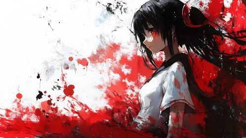 Solitary anime girl amid red abstract paint storm.