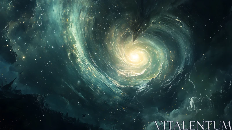 Stellar accretion vortex with luminous galactic nebular core.