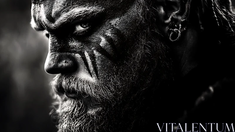 High contrast warrior portrait with tribal paint and harsh side lighting