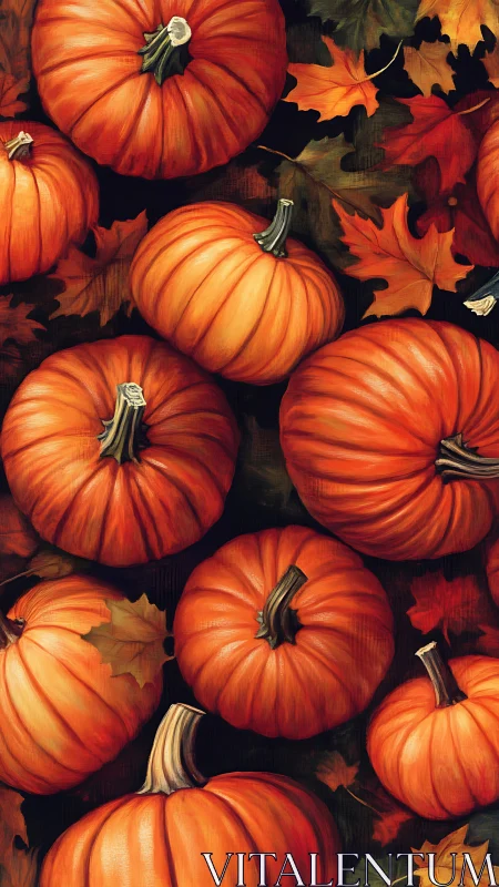 Cozy orange pumpkins gathered in a blanket of autumn leaves.