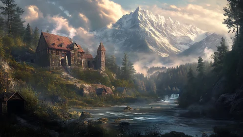 Digital painting of alpine manor beside misted river valley.
