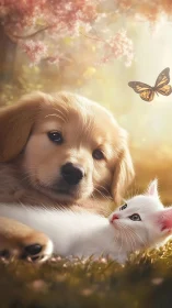 Golden Retriever and White Cat Share Tender Moment in Blossoming Garden