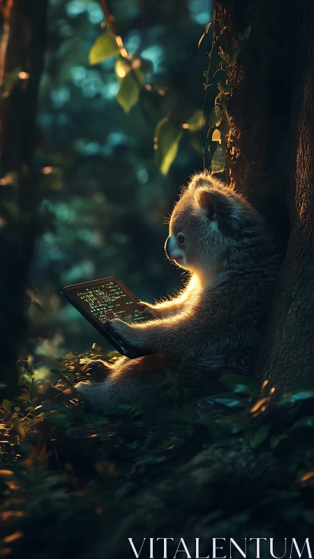 Bioluminescent coding koala studies tablet in twilight forest